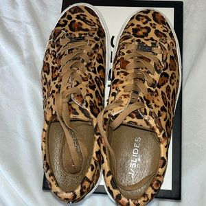J/Slides NYC Tan Leopard pony Leather sneakers.
